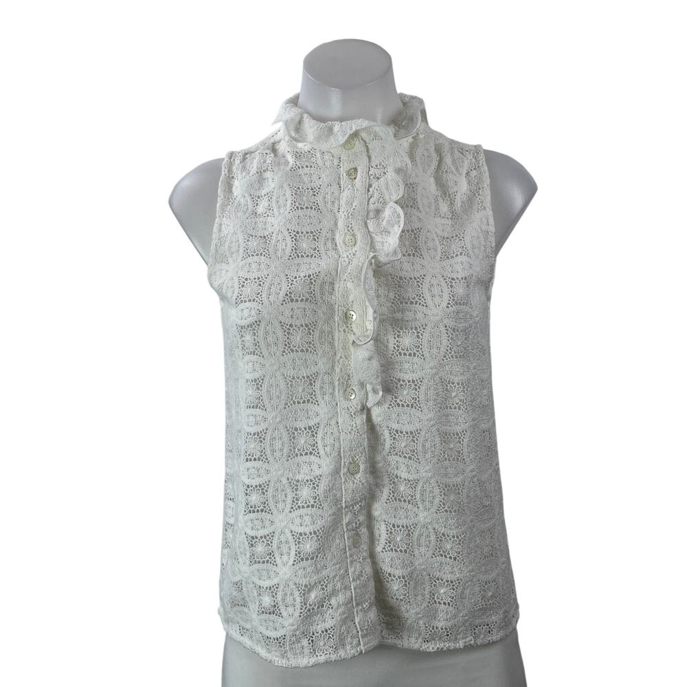 Sezane Women's White Lace Floral Ruffle Sleeveless Button Down Blouse Top Size 4